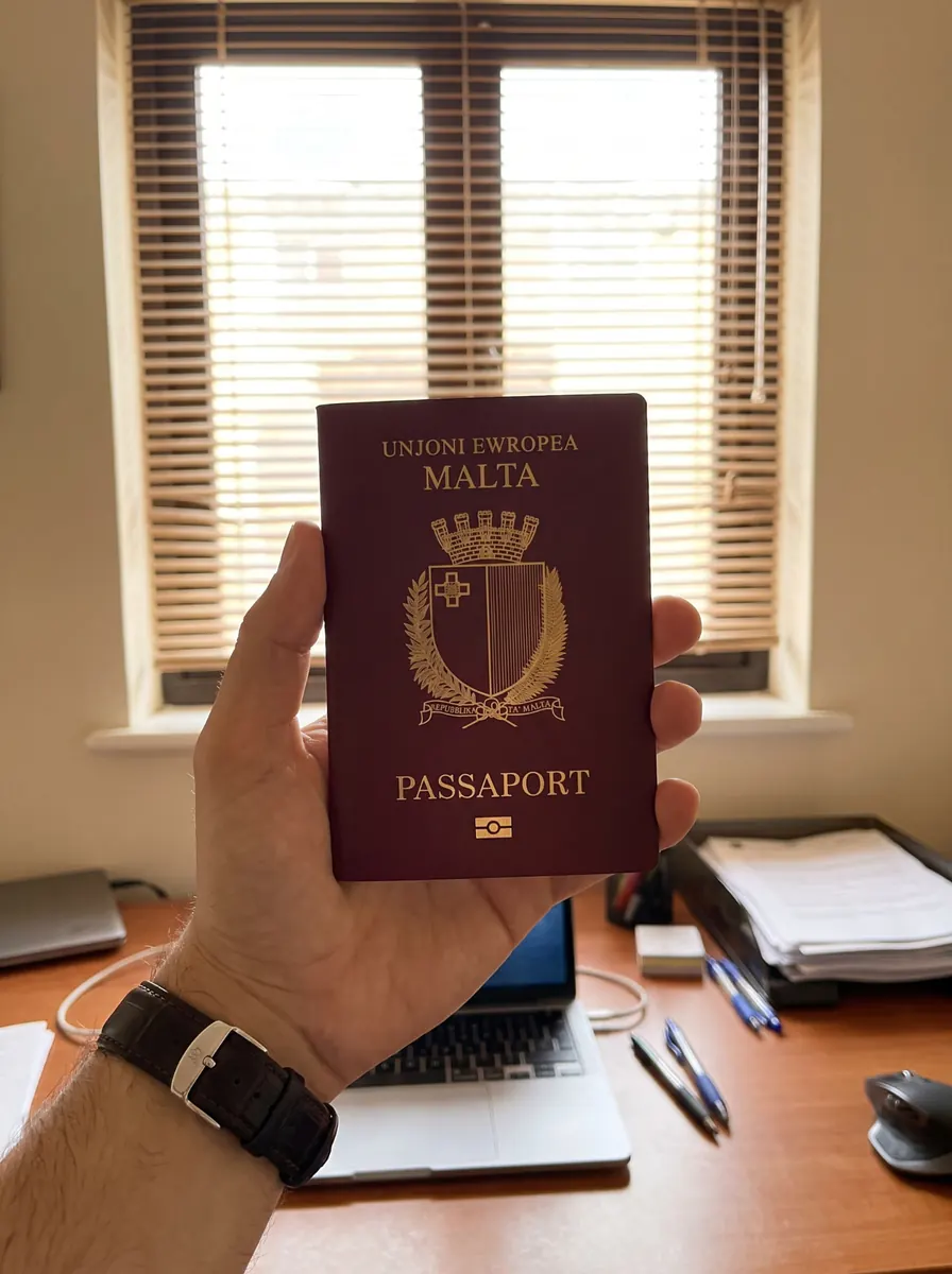 Maltese European Union passport held at a desk